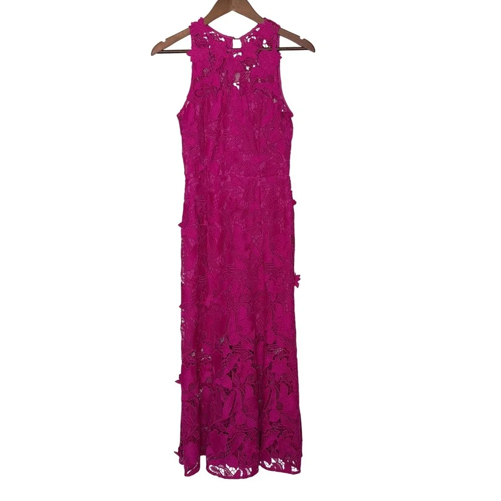 ML Monique Lhuillier Colette Floral Lace Midi Dress Berry Pink Size 4 NWT